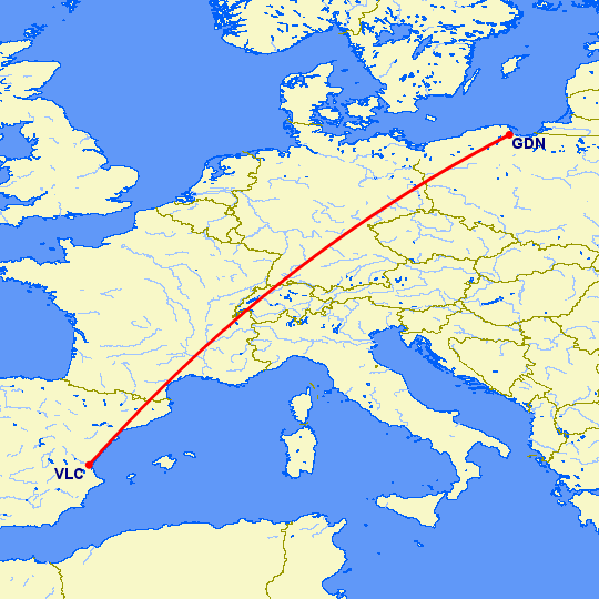 перелет Гданьск — Валенсия на карте