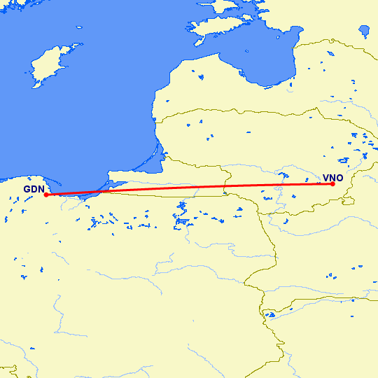 перелет Гданьск — Вильнюс на карте