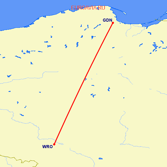 перелет Гданьск — Вроцлав на карте