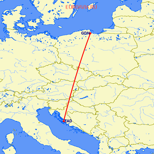 перелет Гданьск — Задар на карте