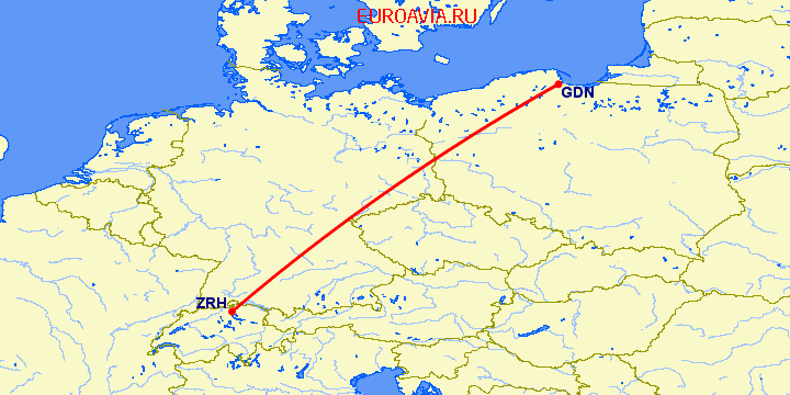 перелет Гданьск — Цюрих на карте