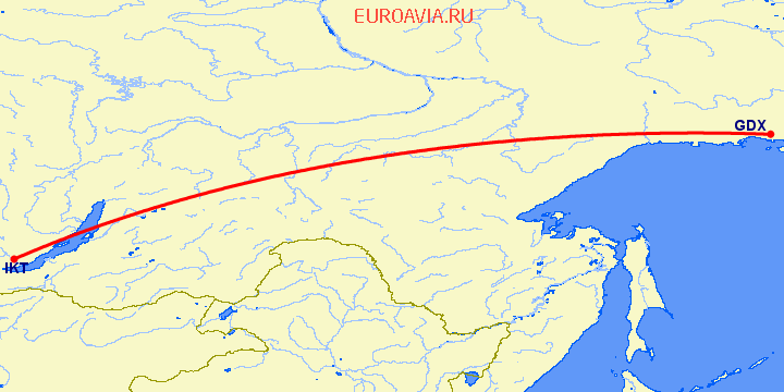 перелет Магадан — Иркутск на карте