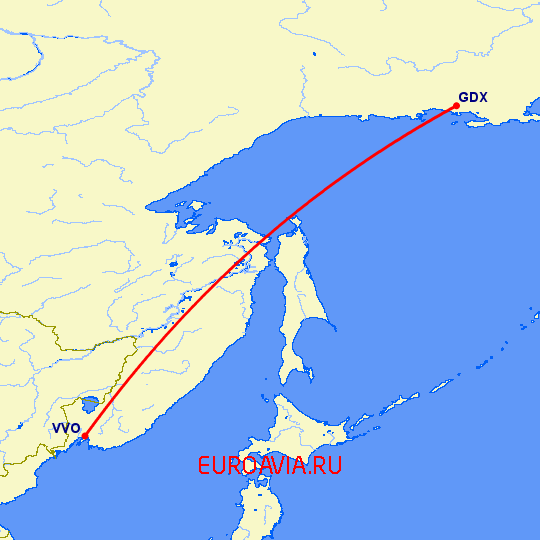 перелет Магадан — Владивосток на карте