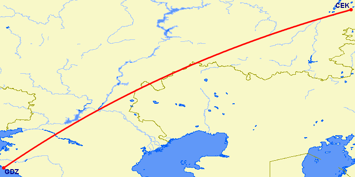 перелет Геленджик — Челябинск на карте