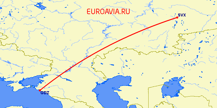 перелет Геленджик — Екатеринбург на карте