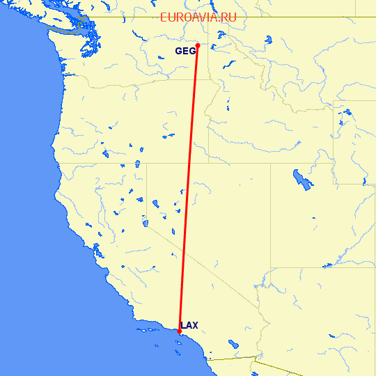 перелет Спокан — Лос Анджелес на карте