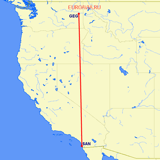 перелет Спокан — Сан Диего на карте