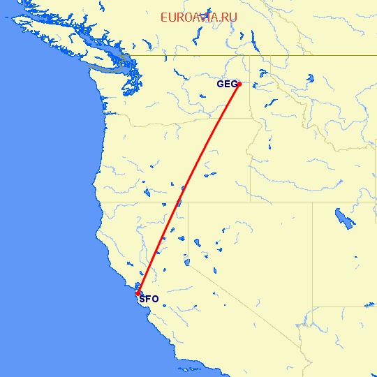 перелет Спокан — Сан Франциско на карте