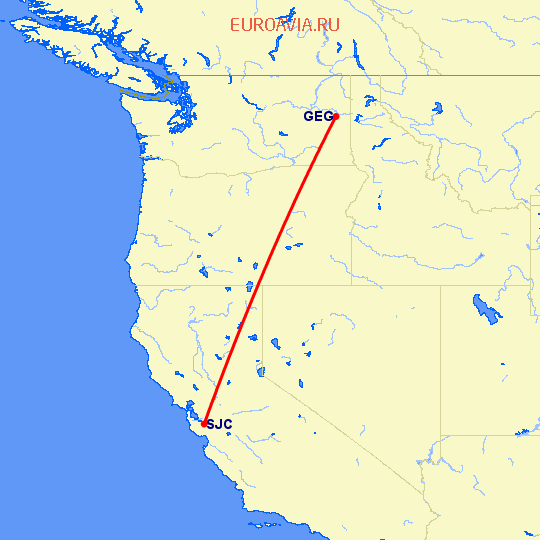 перелет Спокан — Сан Хосе на карте