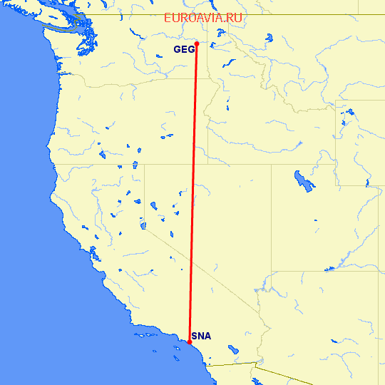перелет Спокан — Санта Ана на карте
