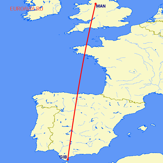 перелет Гибралтар — Манчестер на карте