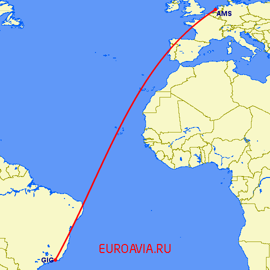 перелет Рио-де-Жанейро — Амстердам на карте