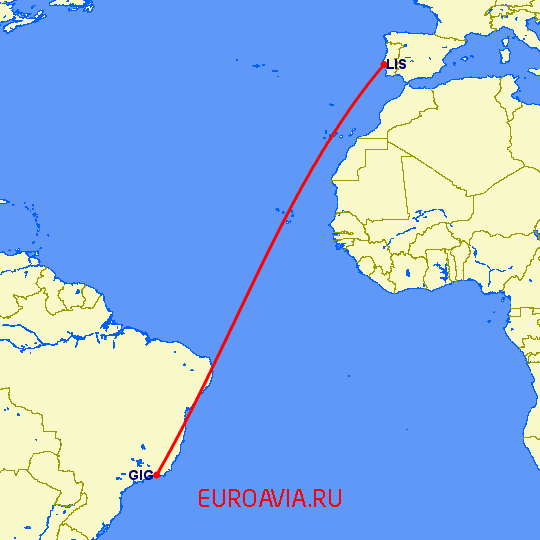 перелет Рио-де-Жанейро — Лиссабон на карте