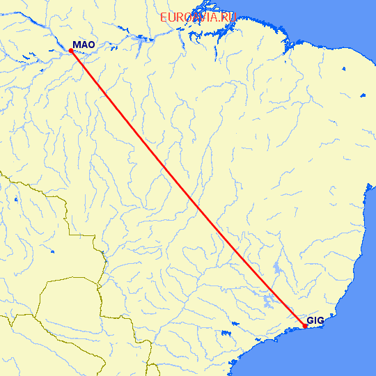 перелет Рио-де-Жанейро — Манаус на карте