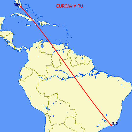 перелет Рио-де-Жанейро — Майами на карте