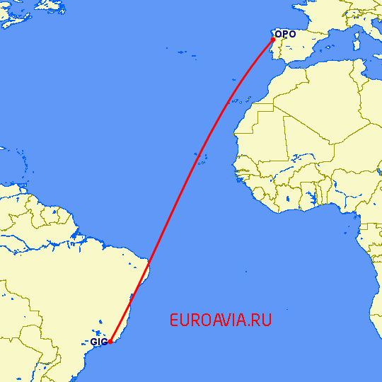 перелет Рио-де-Жанейро — Порту на карте
