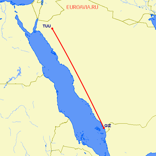 перелет Jazan — Табук на карте