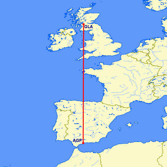 перелет Глазго — Малага на карте