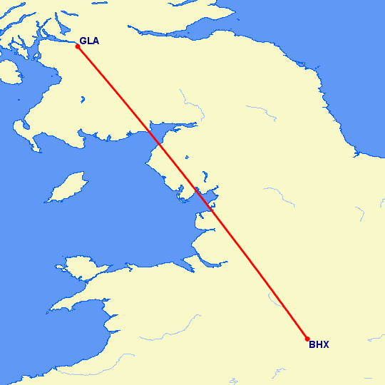 перелет Глазго — Бирмингем на карте