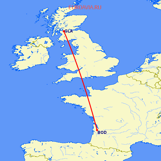 перелет Глазго — Бордо на карте