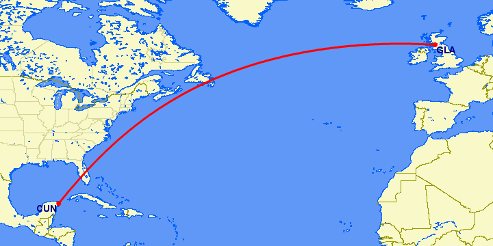 перелет Глазго — Канкун на карте