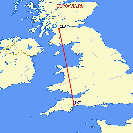 перелет Глазго — Эксетер на карте