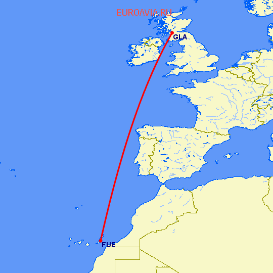 перелет Глазго — Пуэрто дель Росарио на карте