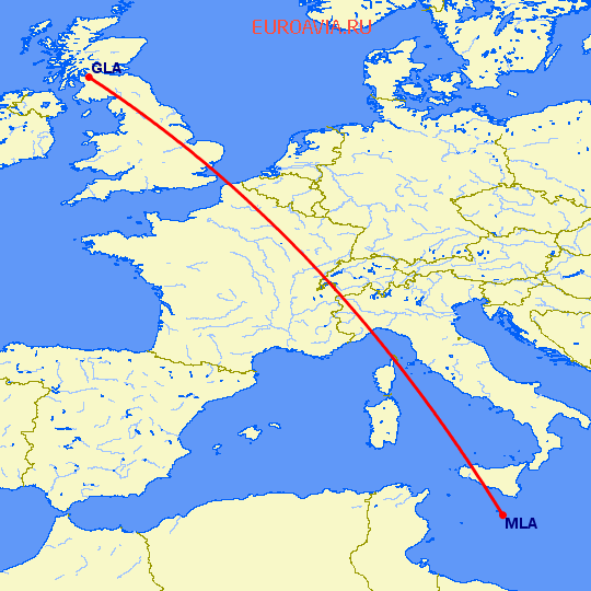 перелет Глазго — Мальта на карте