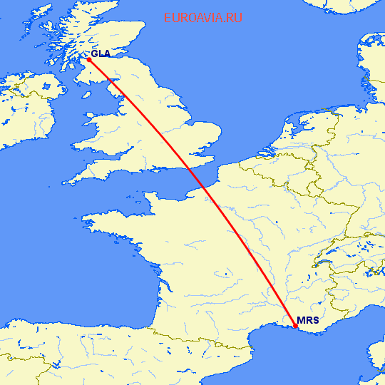 перелет Глазго — Марсель на карте