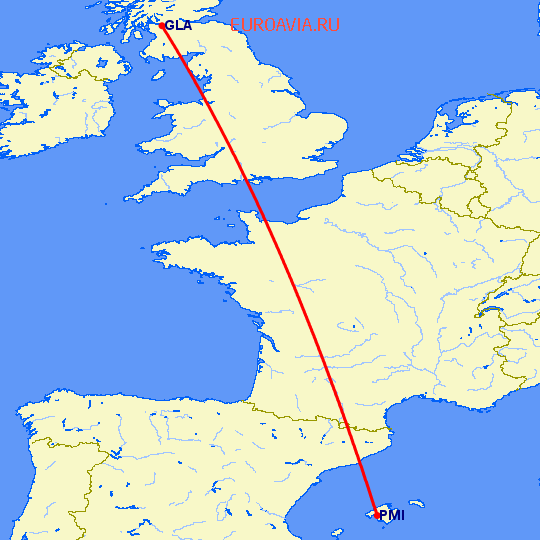 перелет Глазго — Пальма де Майорка на карте