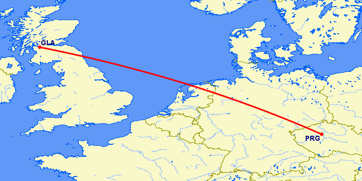 перелет Глазго — Прага на карте