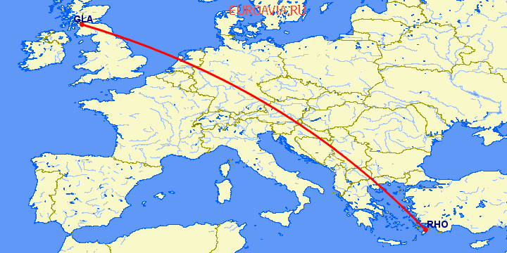 перелет Глазго — Родос на карте