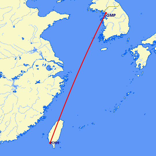 перелет Сеул — Гаосюн на карте