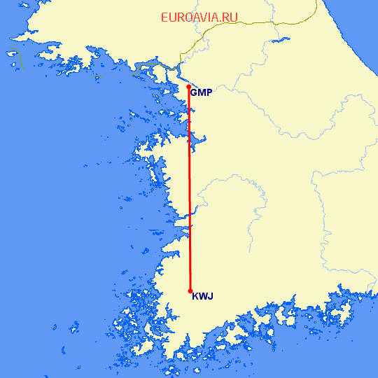 перелет Сеул — Гванджу на карте