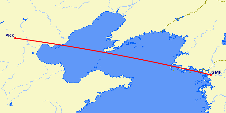 перелет Сеул — Пекин на карте