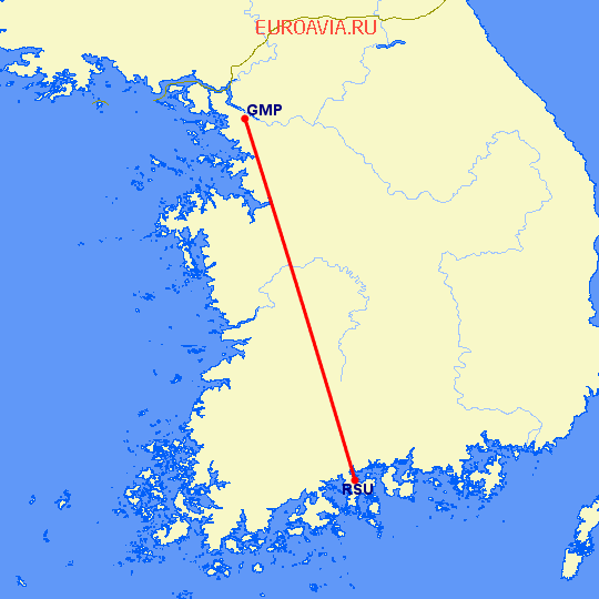 перелет Сеул — Yeosu на карте