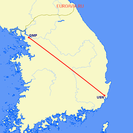 перелет Сеул — Ульсан на карте