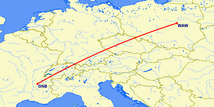 перелет Гренобль — Варшава на карте