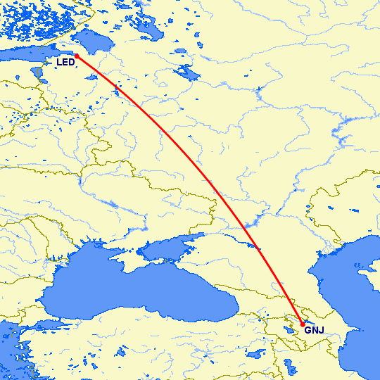 перелет Гянджа — Санкт Петербург на карте