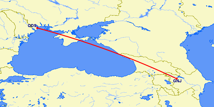 перелет Гянджа — Одесса на карте