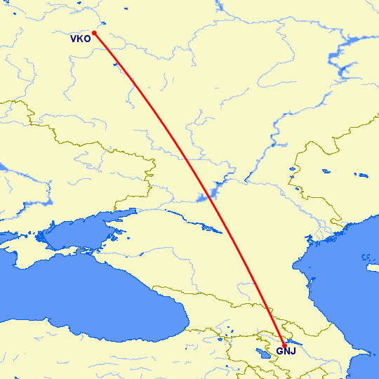 перелет Гянджа — Москва на карте