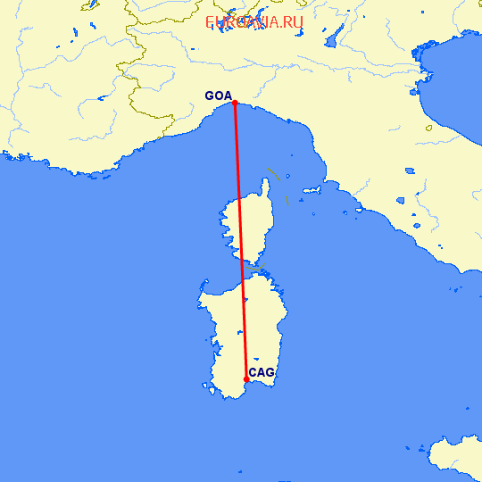 перелет Генуя — Кальяри на карте