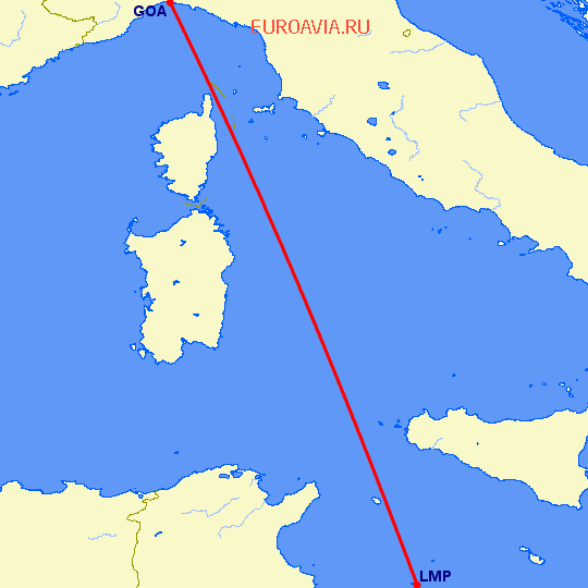 перелет Генуя — Lampedusa на карте