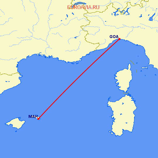 перелет Генуя — Менорка на карте