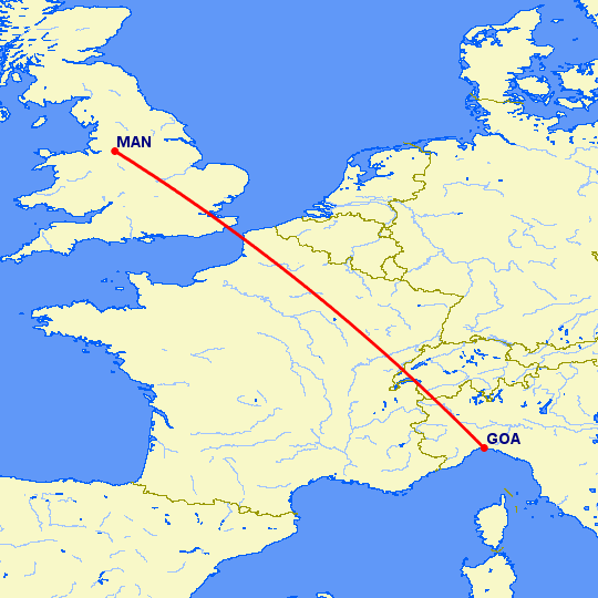перелет Генуя — Манчестер на карте