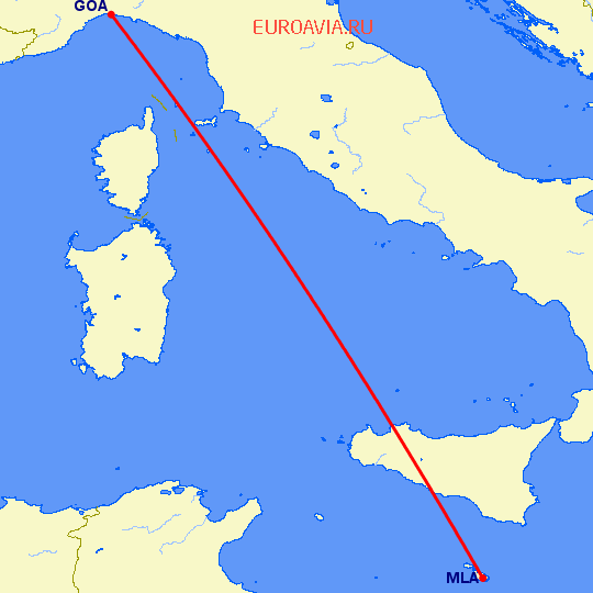 перелет Генуя — Мальта на карте