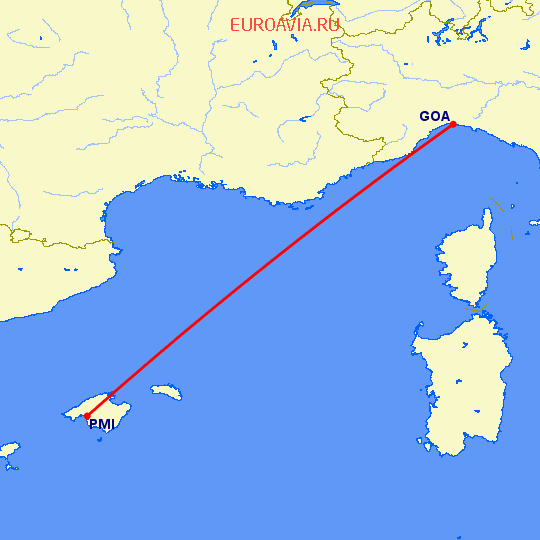 перелет Генуя — Пальма де Майорка на карте