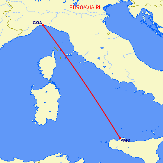 перелет Генуя — Палермо на карте