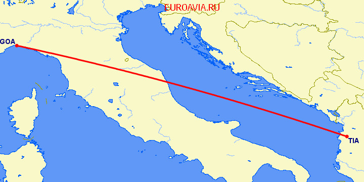 перелет Генуя — Тирана на карте