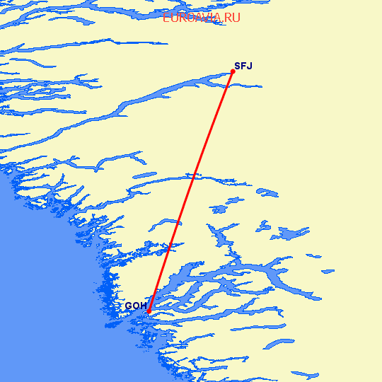 перелет Nuuk — Kangerlussuaq на карте